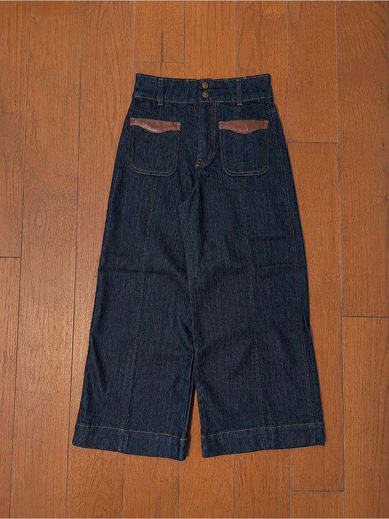 Maeve Denim - Maeve Dark Blue Denim Cropped Wide-Leg Jeans with Brown Trim Sz 23P